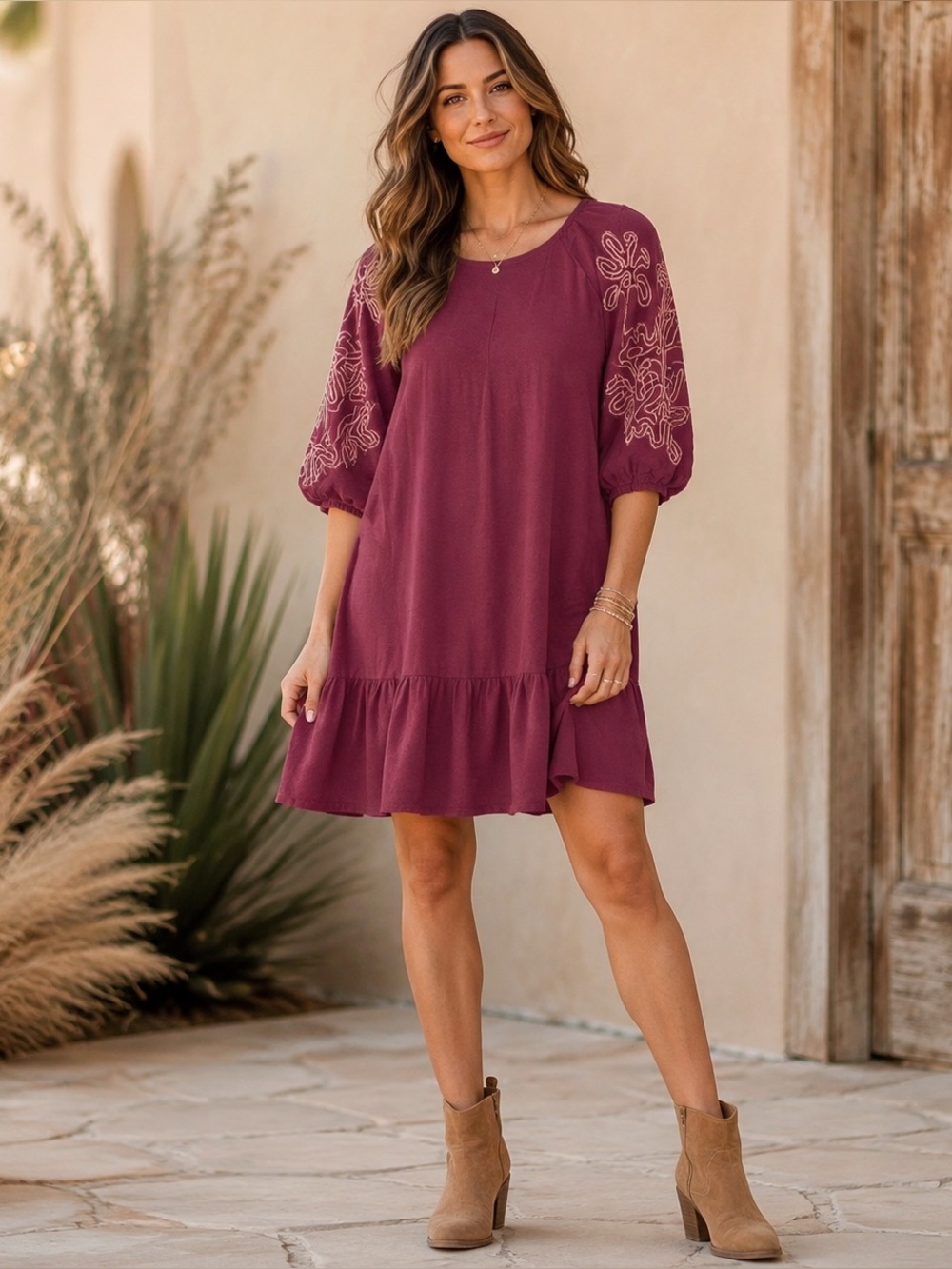 Umgee Small Burgundy Linen Blend Embroidered Puff Sleeve Boho Shift Dress NWT